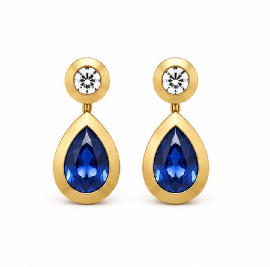 Duomo Round Diamond and Pear Shaped Blue Sapphire Drop Earring in 18K Yellow Gold