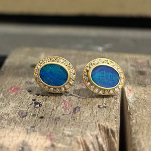 Shimmer Sahara Oval Blue Opal Studs in 20K Peach Gold Reinstein Ross Goldsmiths