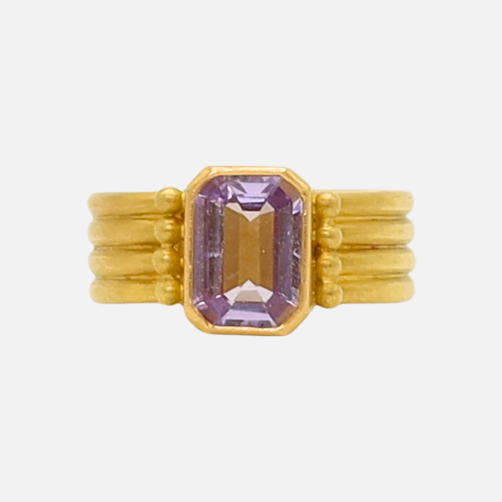 Penta Four Row Emerald Cut Lilac Sapphire Ring in 20K Peach Gold Reinstein Ross Goldsmiths