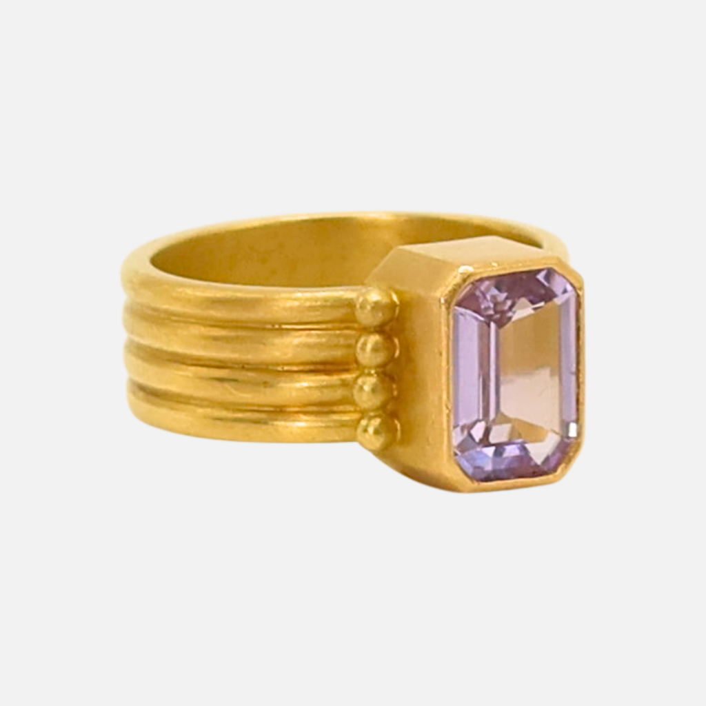 Penta Four Row Emerald Cut Lilac Sapphire Ring in 20K Peach Gold Reinstein Ross Goldsmiths