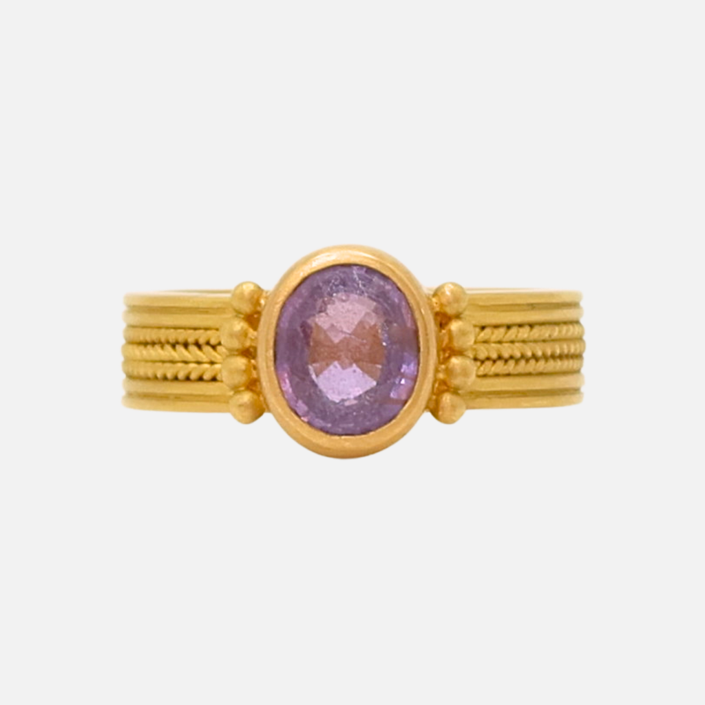 Regular Braid Three Row with Granules Oval Lilac Sapphire Ring in 20K Peach Gold Reinstein Ross Goldsmiths