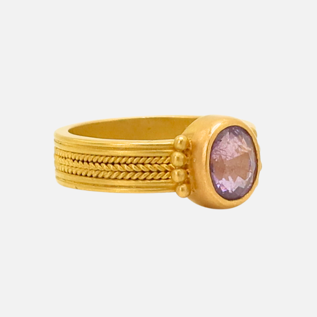 Regular Braid Three Row with Granules Oval Lilac Sapphire Ring in 20K Peach Gold Reinstein Ross Goldsmiths