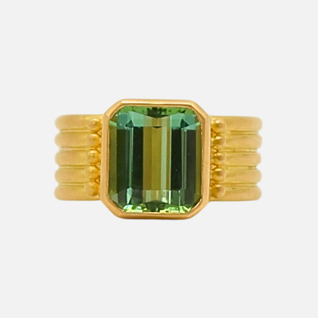 Penta Five Row Emerald Cut Green Tourmaline with Granules Ring in 20K Peach Gold Reinstein Ross Goldsmiths
