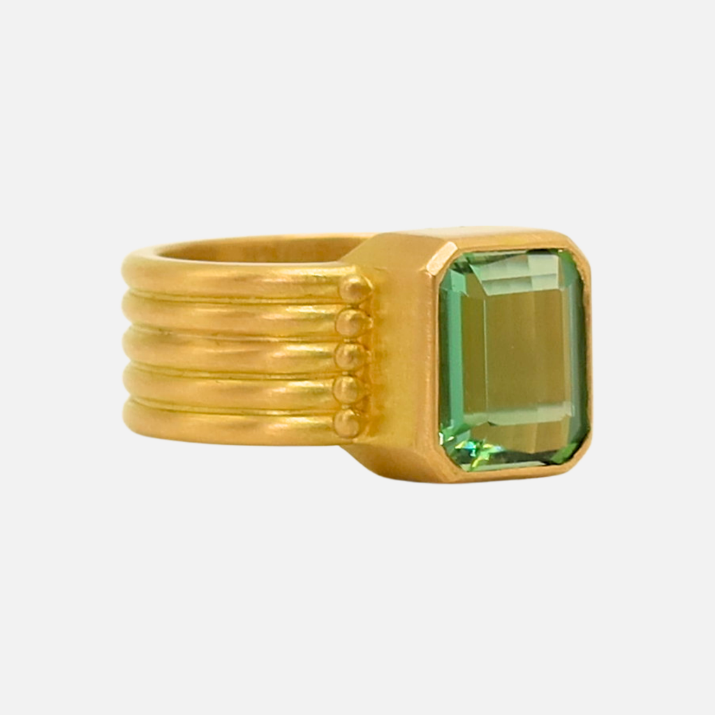 Penta Five Row Emerald Cut Green Tourmaline with Granules Ring in 20K Peach Gold Reinstein Ross Goldsmiths