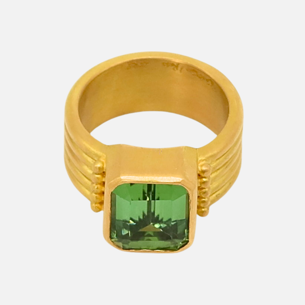 Penta Five Row Emerald Cut Green Tourmaline with Granules Ring in 20K Peach Gold