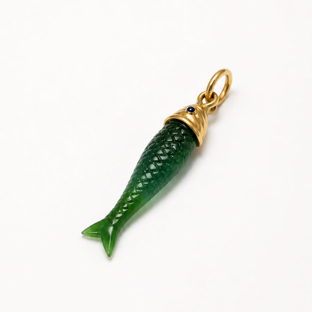 Pisces Jade Small Pendant with Sapphire in 18K Yellow Gold