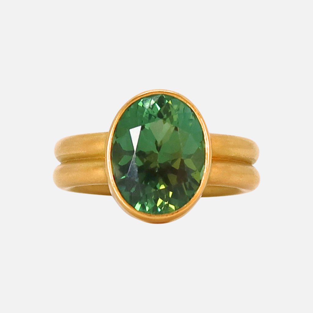 Leslie Oval Green Tourmaline Ring in 20K Peach Gold- 6mm Reinstein Ross Goldsmiths