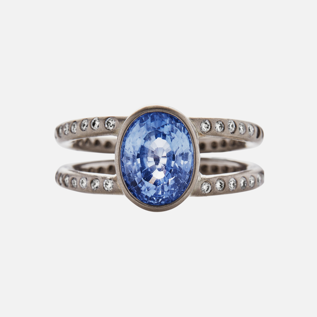 Lightdance Oval Light Blue Sapphire and Diamond Ring in 18K Alpine Gold Reinstein Ross Goldsmiths
