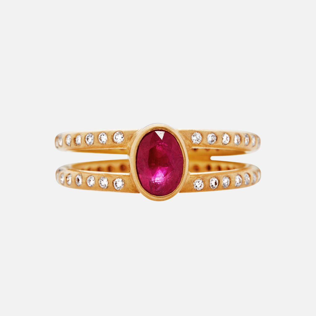 Lightdance Oval Ruby and Diamond Ring in 20K Peach Gold Reinstein Ross Goldsmiths