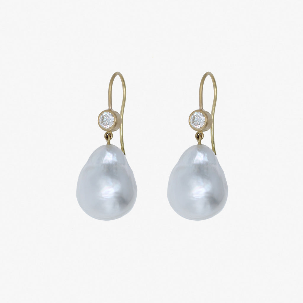 Meadow South Sea Baroque Pearl and Round Diamond Earrings in 20K Peach Gold Reinstein Ross Goldsmiths