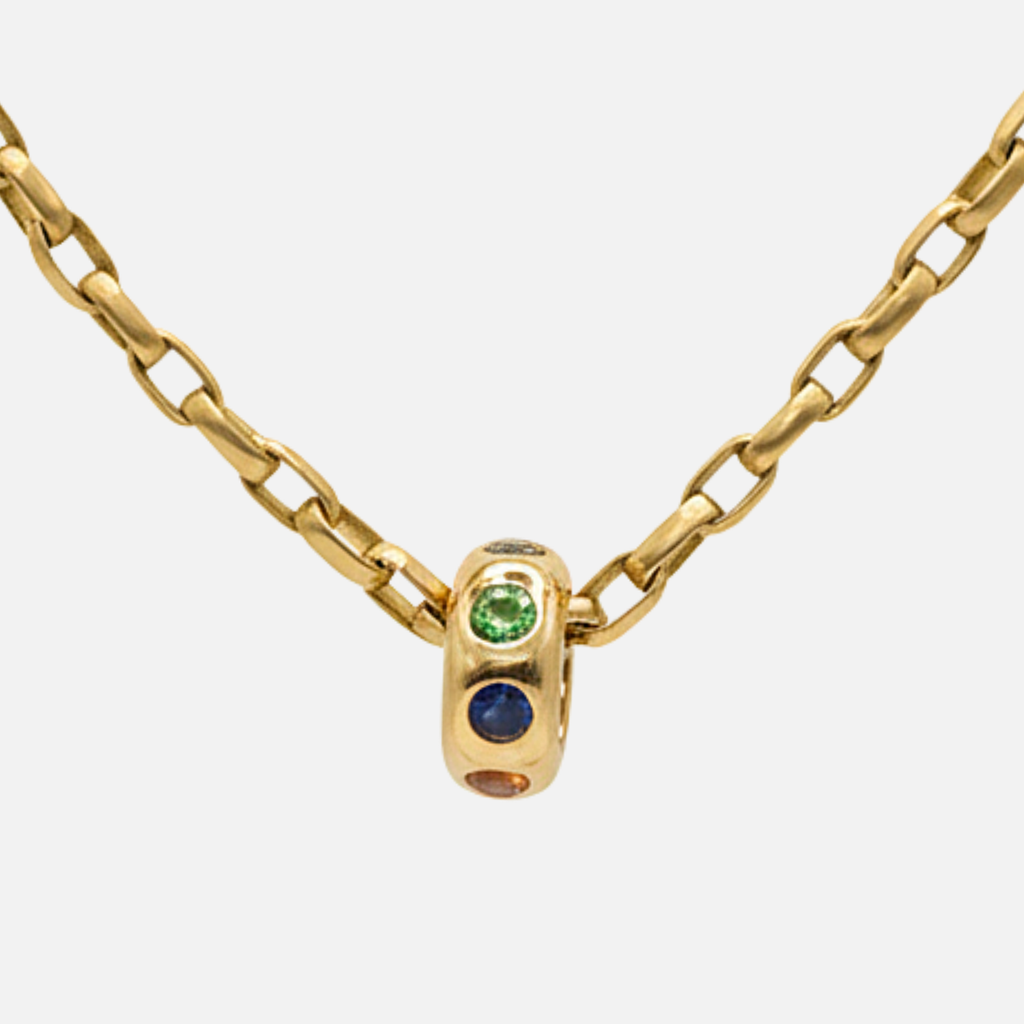 Half Round Large Rondelle Multi Colored Sapphire Pendant in 20K Peach Gold Reinstein Ross Goldsmiths