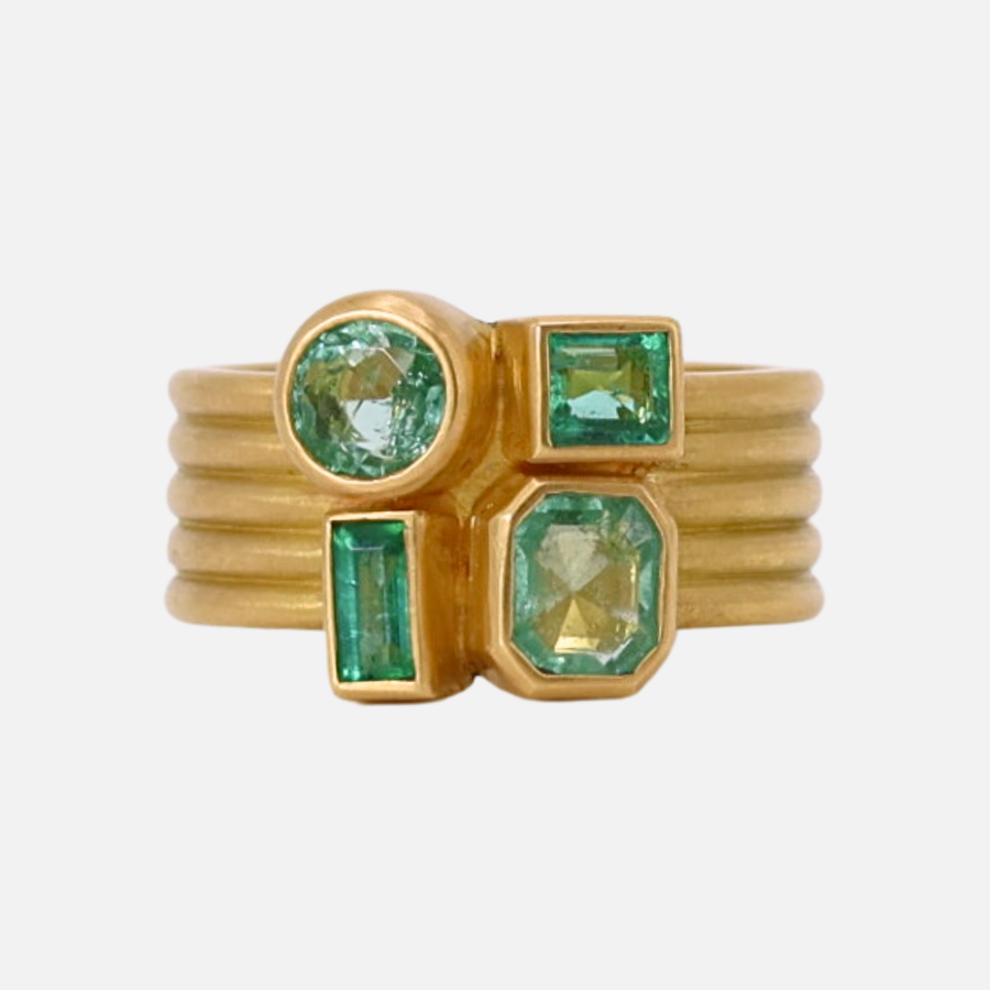 Penta Five Row Mosaic Light Emerald Ring in 20K Peach Gold