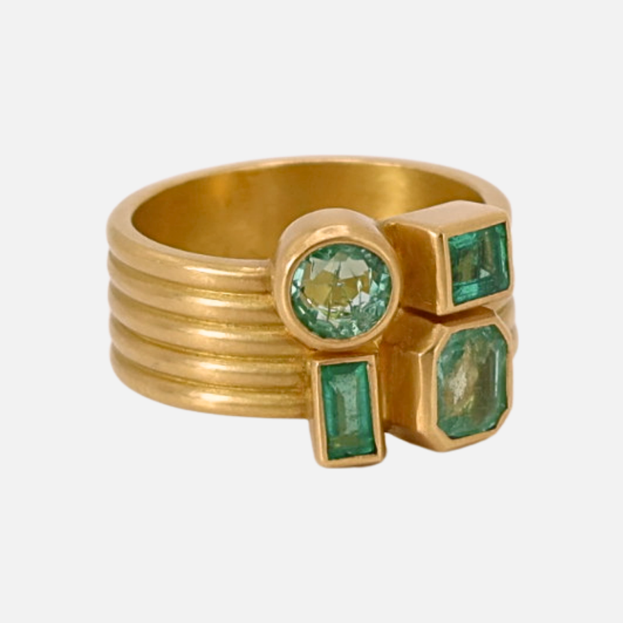 Penta Five Row Mosaic Light Emerald Ring in 20K Peach Gold