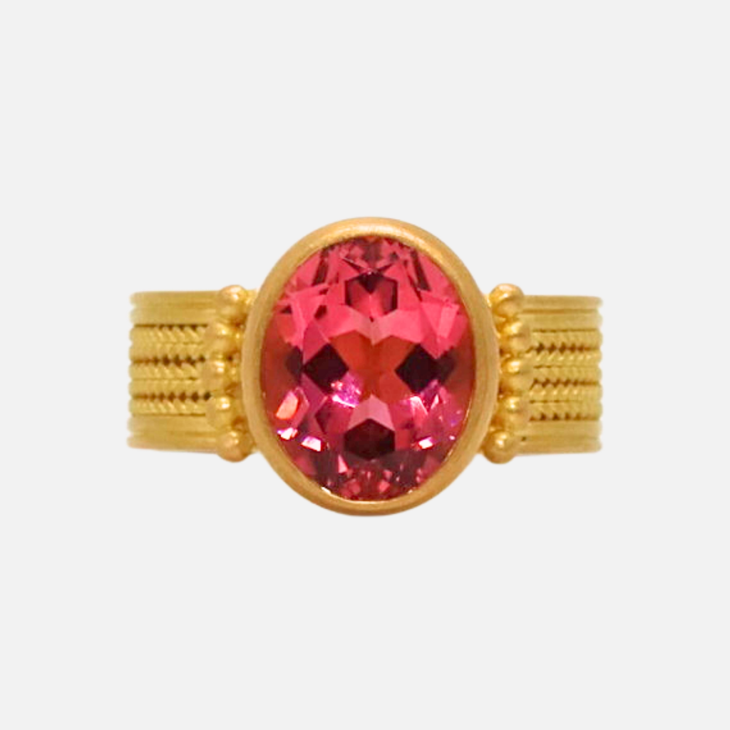 Regular Braid Five Row Oval Pink Tourmaline Ring in 20K Peach Gold- 7mm Reinstein Ross Goldsmiths