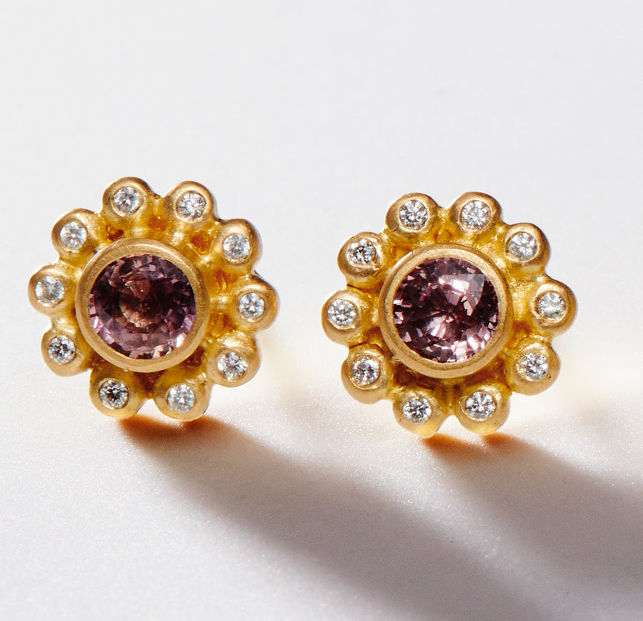 Salome Classic Pink Sapphire and Diamond Studs in 20K Peach Gold Reinstein Ross Goldsmiths