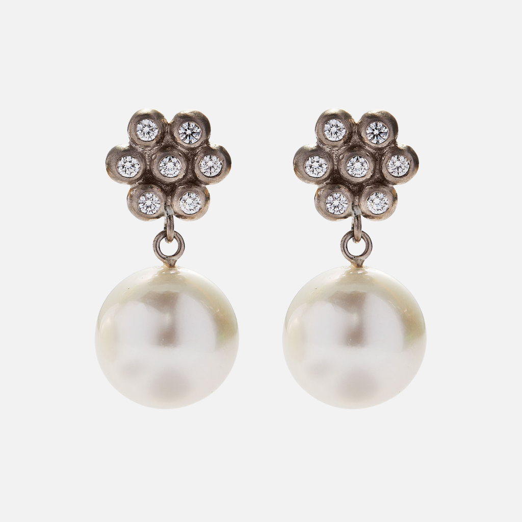 Snowdrop Large Diamond South Sea Baroque Pearl Earrings in 18K Alpine Gold Reinstein Ross Goldsmiths