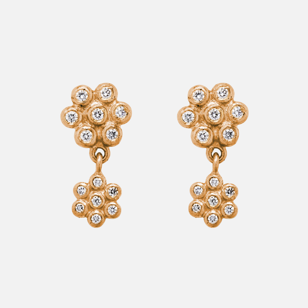Snowdrop Two-Part Small Mixed Diamond Earrings in 22K Apricot Gold Reinstein Ross Goldsmiths