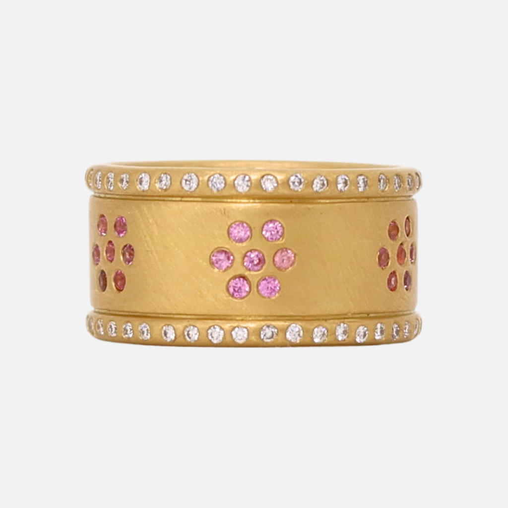 Hitched Snowdrop "Yamuna" Pink Sapphire and Hoopstock Diamond Band in 20K Peach Gold