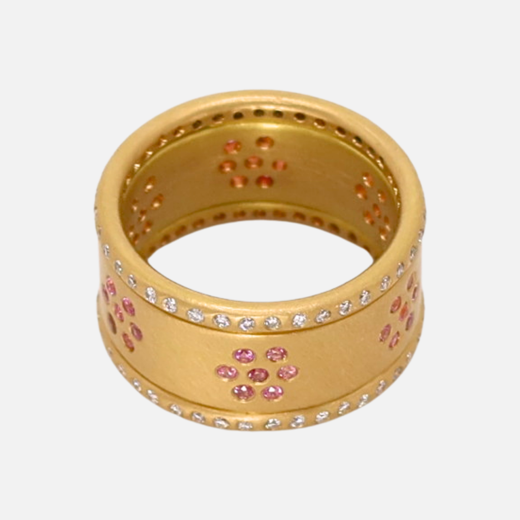 Hitched Snowdrop "Yamuna" Pink Sapphire and Hoopstock Diamond Band in 20K Peach Gold