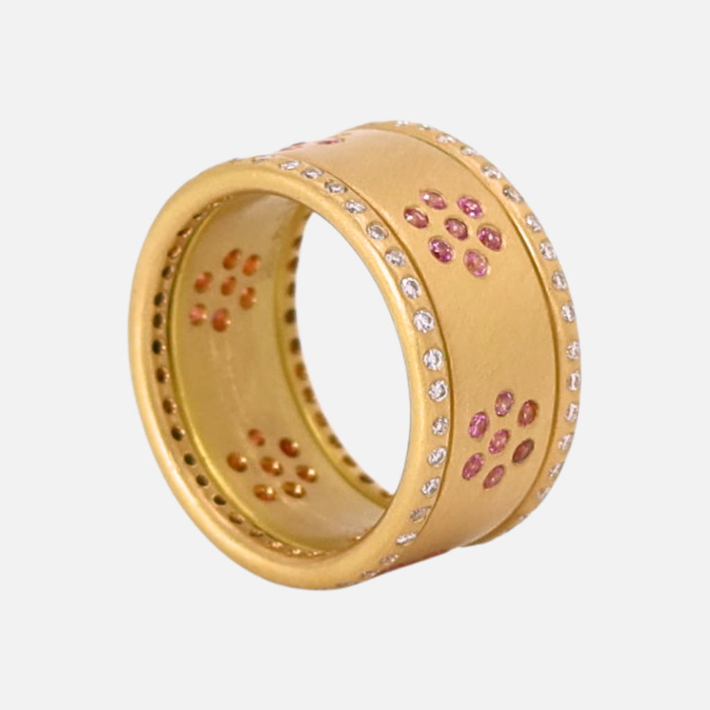 Hitched Snowdrop "Yamuna" Pink Sapphire and Hoopstock Diamond Band in 20K Peach Gold