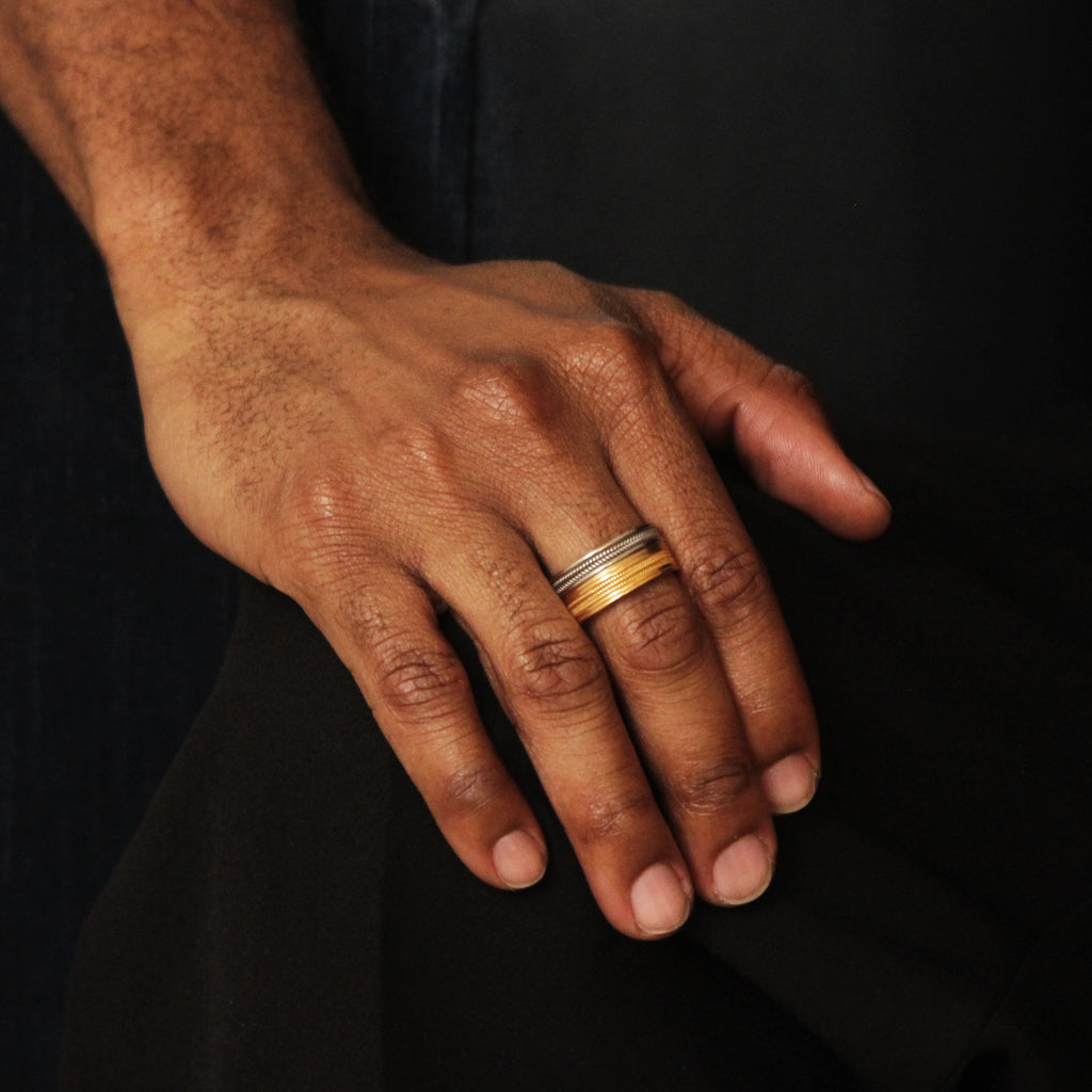 Hitched Duet "Narrow and Regular Three Row Braid" Band in 22K Apricot Gold and 18K Alpine Gold