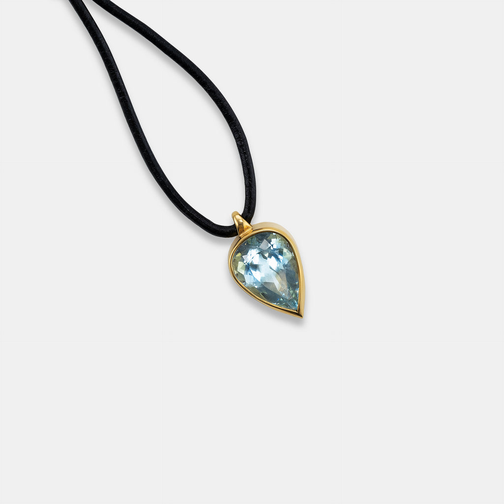 Sedona Pear Shape Aquamarine Pendant on Leather Cord Necklace in 20K Peach Gold