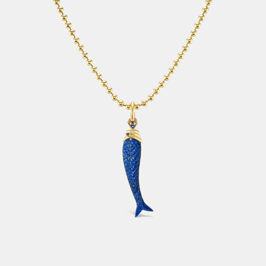 Pisces Lapis Small Pendant with Sapphire in 18K Yellow Gold