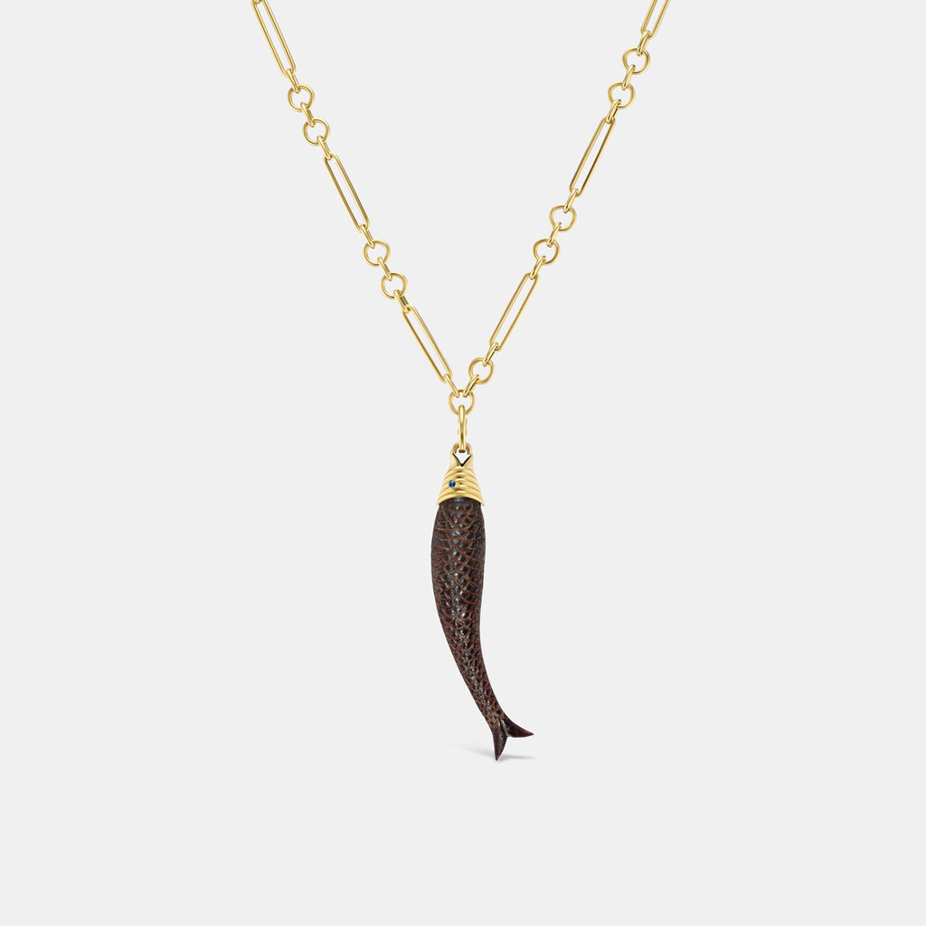 Pisces Wood Pendant with Sapphire in 18K Yellow Gold