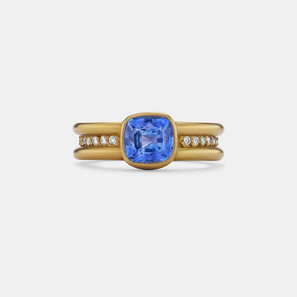 Shimmer Mini Cushion Blue Sapphire Ring in 20K Peach Gold
