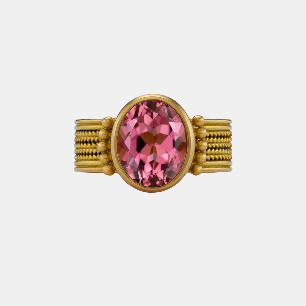 Regular Braid Five Row Oval Pink Tourmaline Ring in 20K Peach Gold- 7mm