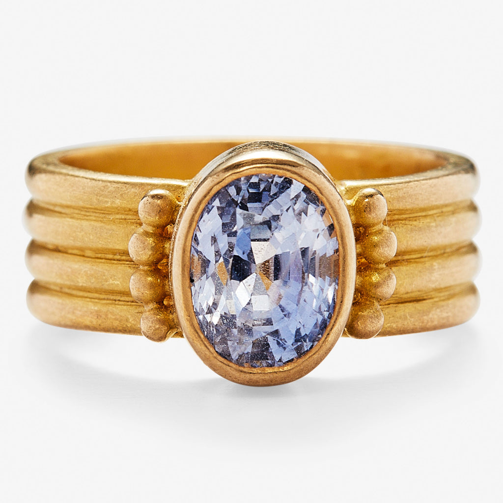 Penta Four Row Oval Ceylon Blue Sapphire Ring in 20K Peach Gold Reinstein Ross Goldsmiths