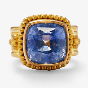 Salome Classic Cushion Cut Blue Sapphire Ring in 20K Peach Gold Reinstein Ross Goldsmiths