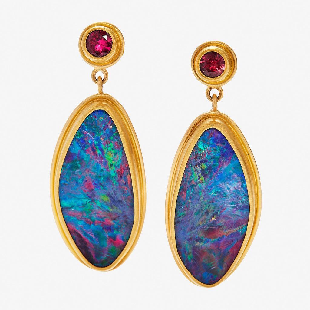 Dyan Round Ruby and Large Opal Earrings in 20K Peach Gold Reinstein Ross Goldsmiths