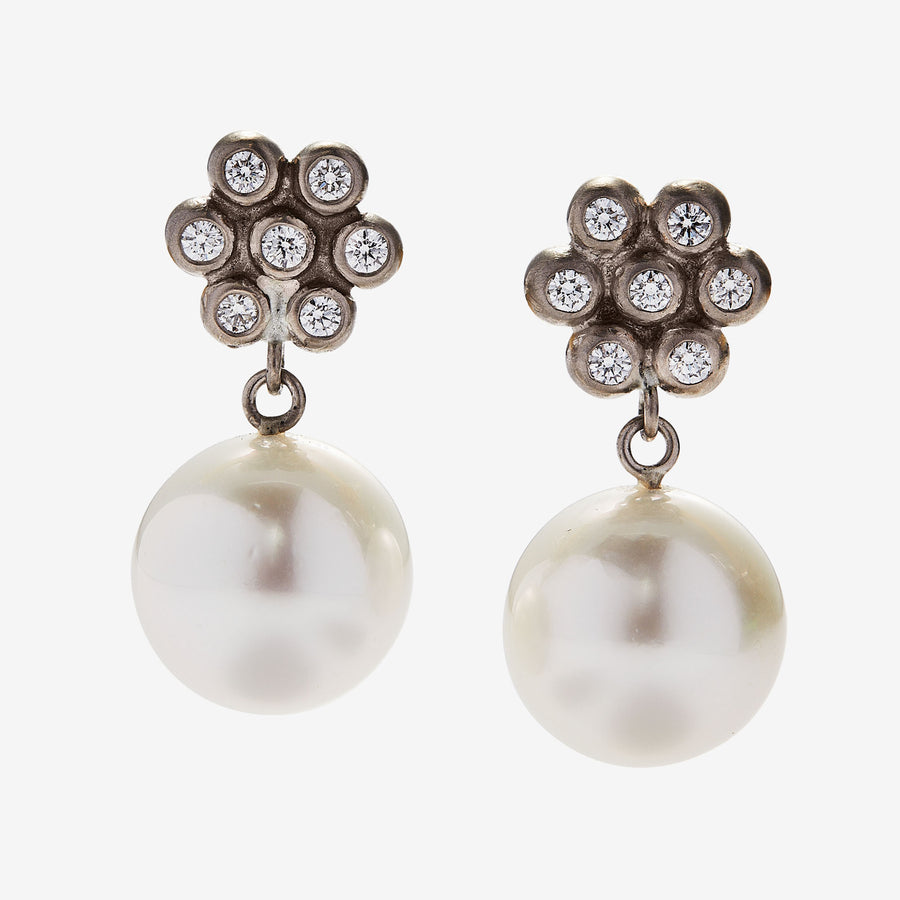 Snowdrop Large Diamond South Sea Baroque Pearl Earrings in 18K Alpine Gold Reinstein Ross Goldsmiths