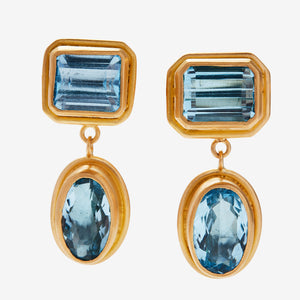 Dyan Two Part Cushion Cut and Oval Blue Topaz Earrings in 20K Peach Gold Reinstein Ross Goldsmiths