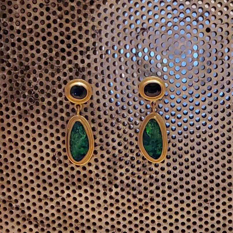 Dyan "Empress" Oval Blue Sapphire and Australian Opal Earrings in 20K Peach Gold Reinstein Ross Goldsmiths