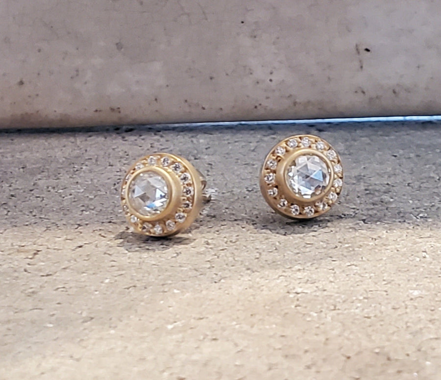 Shimmer Sahara Rose Cut Diamond Studs in 20K Peach Gold Reinstein Ross Goldsmiths