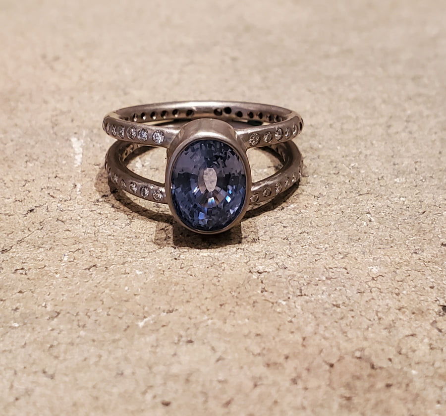Lightdance Oval Light Blue Sapphire and Diamond Ring in 18K Alpine Gold Reinstein Ross Goldsmiths