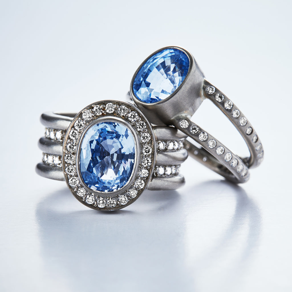 Shimmer Sahara Oval Ceylon Blue Sapphire Ring in 18K Alpine Gold Reinstein Ross Goldsmiths