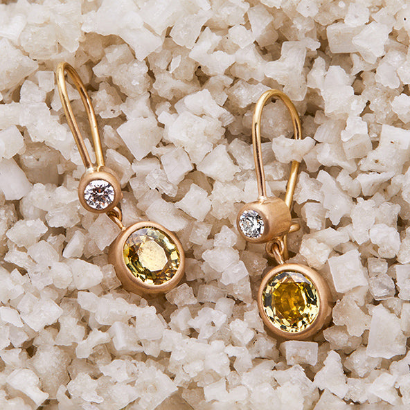 Meadow Two Part Yellow Sapphire and Diamond Earrings in 20K Peach Gold Reinstein Ross Goldsmiths