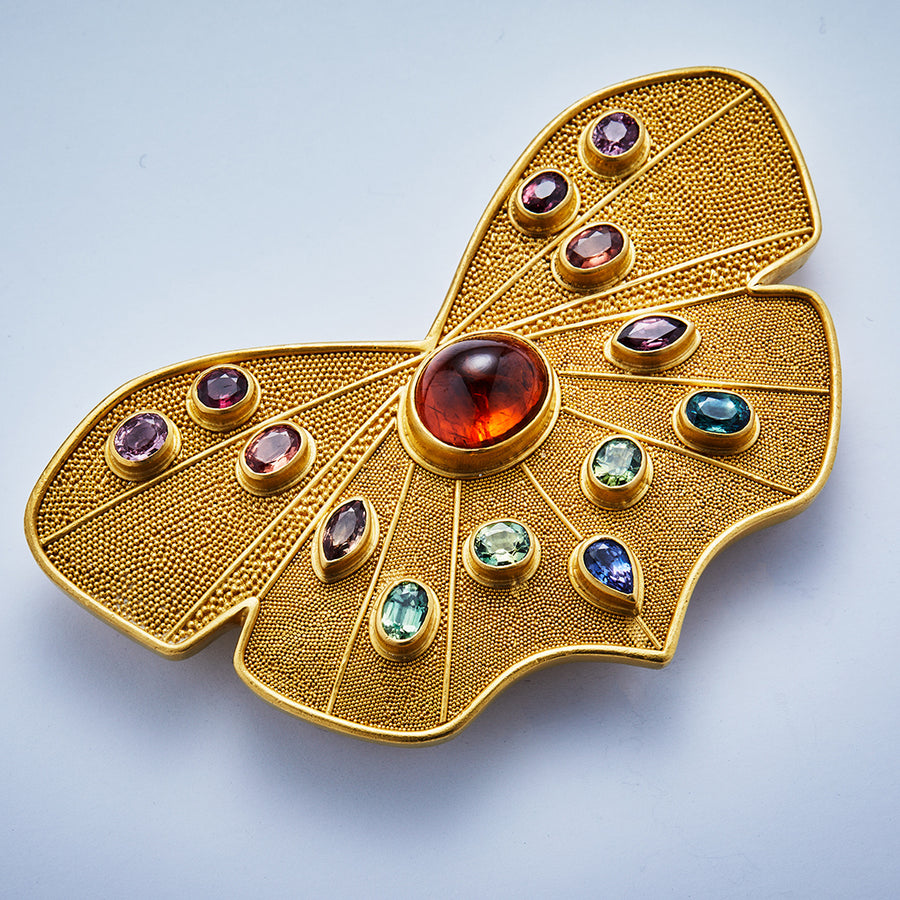 Heritage Butterfly Multicolor Sapphire Buckle in 22K Nectar Gold Reinstein Ross Goldsmiths