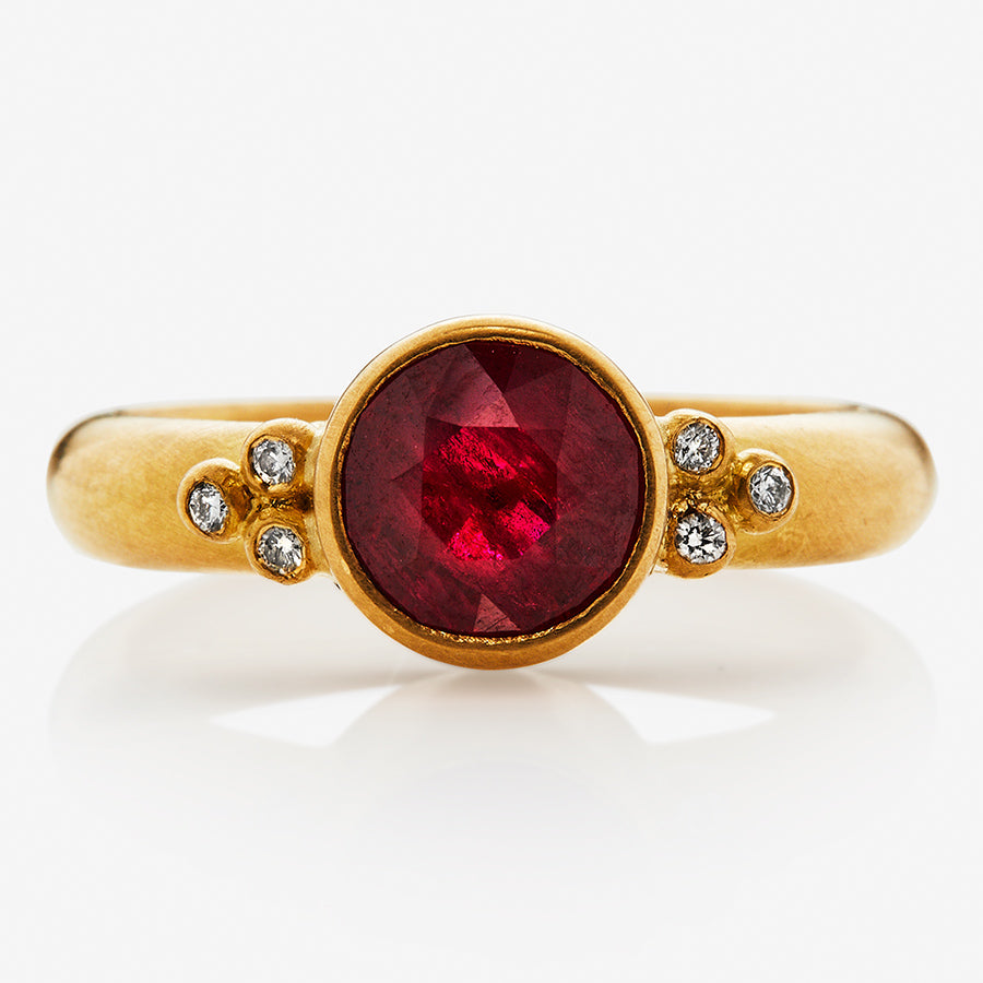 Tania Round Ruby and Diamond Ring in 20K Peach Gold Reinstein Ross Goldsmiths