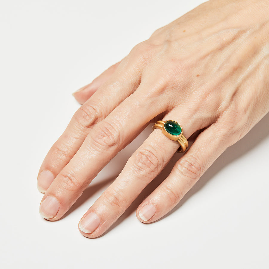 Hoopstock "Leslie" Oval Emerald Cabochon Ring in 20K Peach Gold Reinstein Ross Goldsmiths