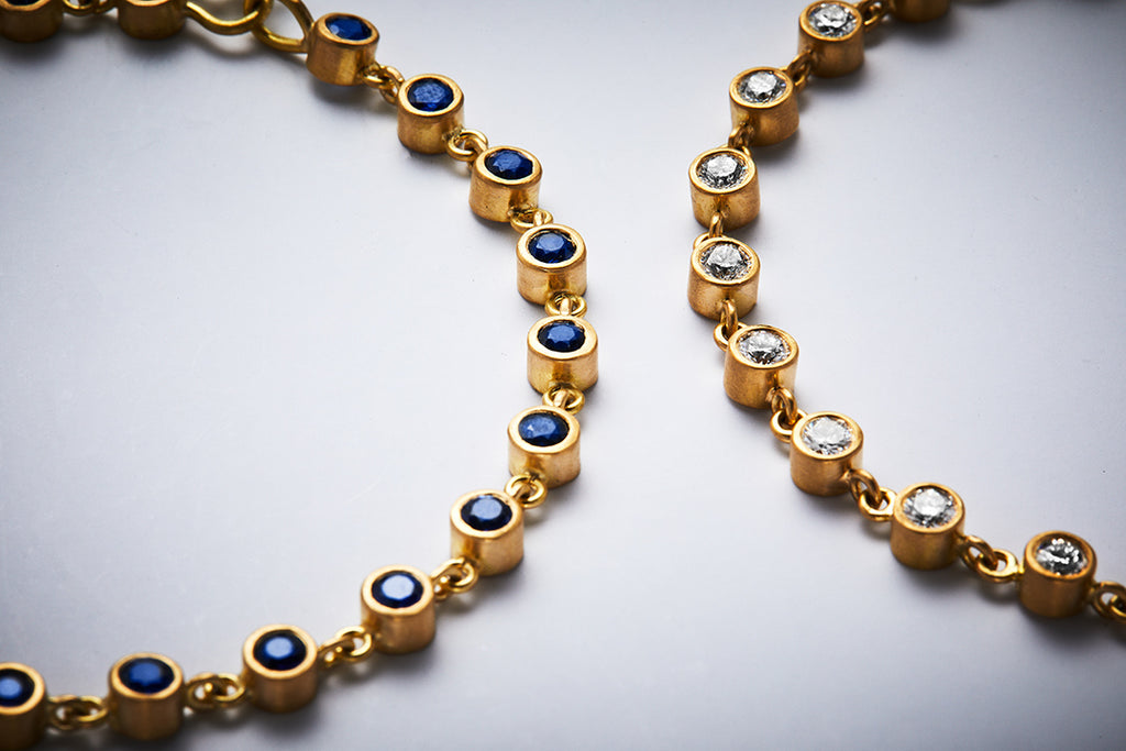 Meadow Rivière Blue Sapphire Bracelet in 20K Peach Gold Reinstein Ross Goldsmiths