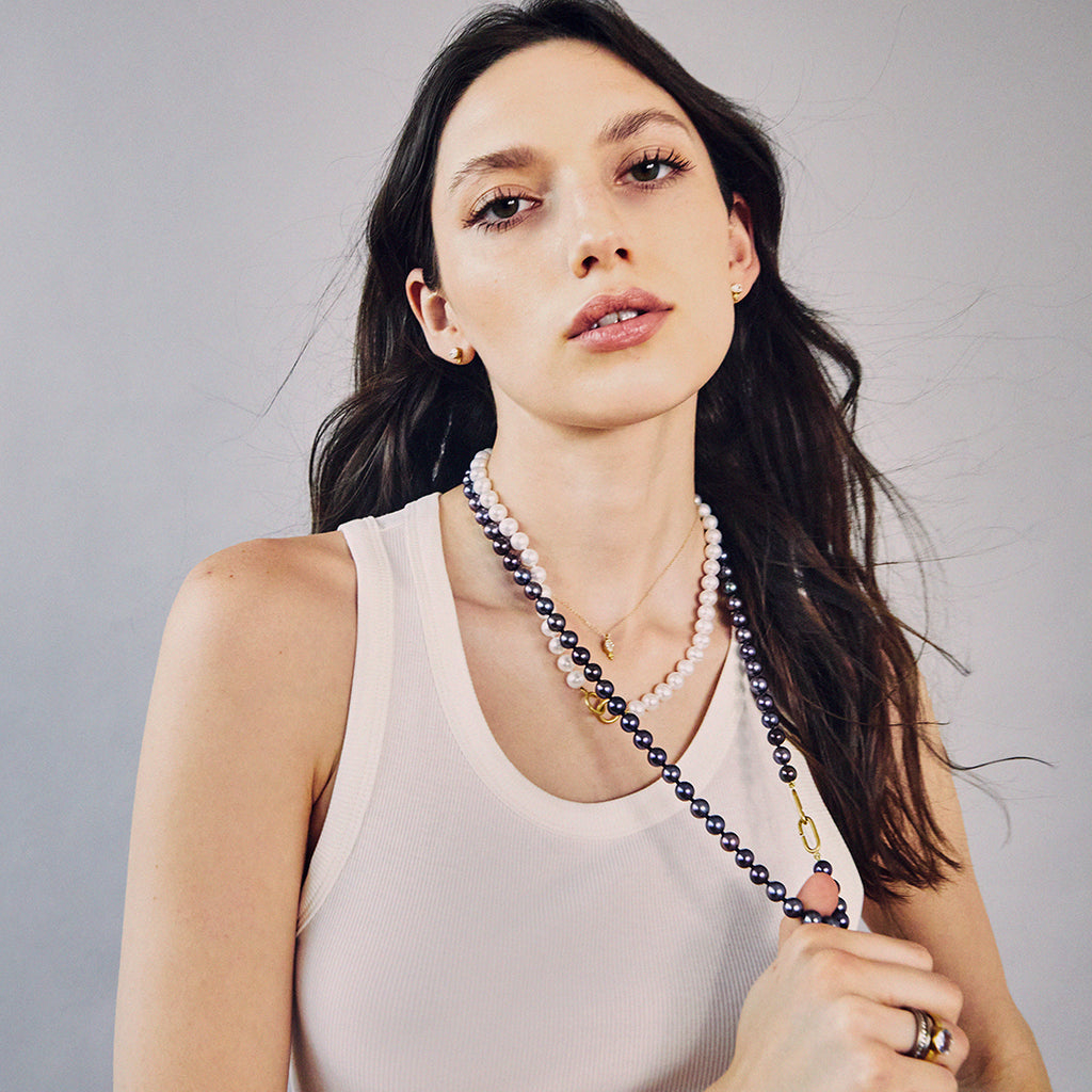 Hunter Necklace with Fresh Water Black Pearls in 20K Peach Gold- 26''