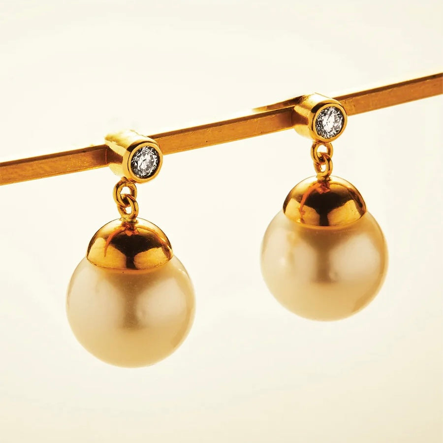 Meadow South Sea Golden Pearl and Round Diamond Earrings in 20K Peach Gold-12mm Reinstein Ross Goldsmiths