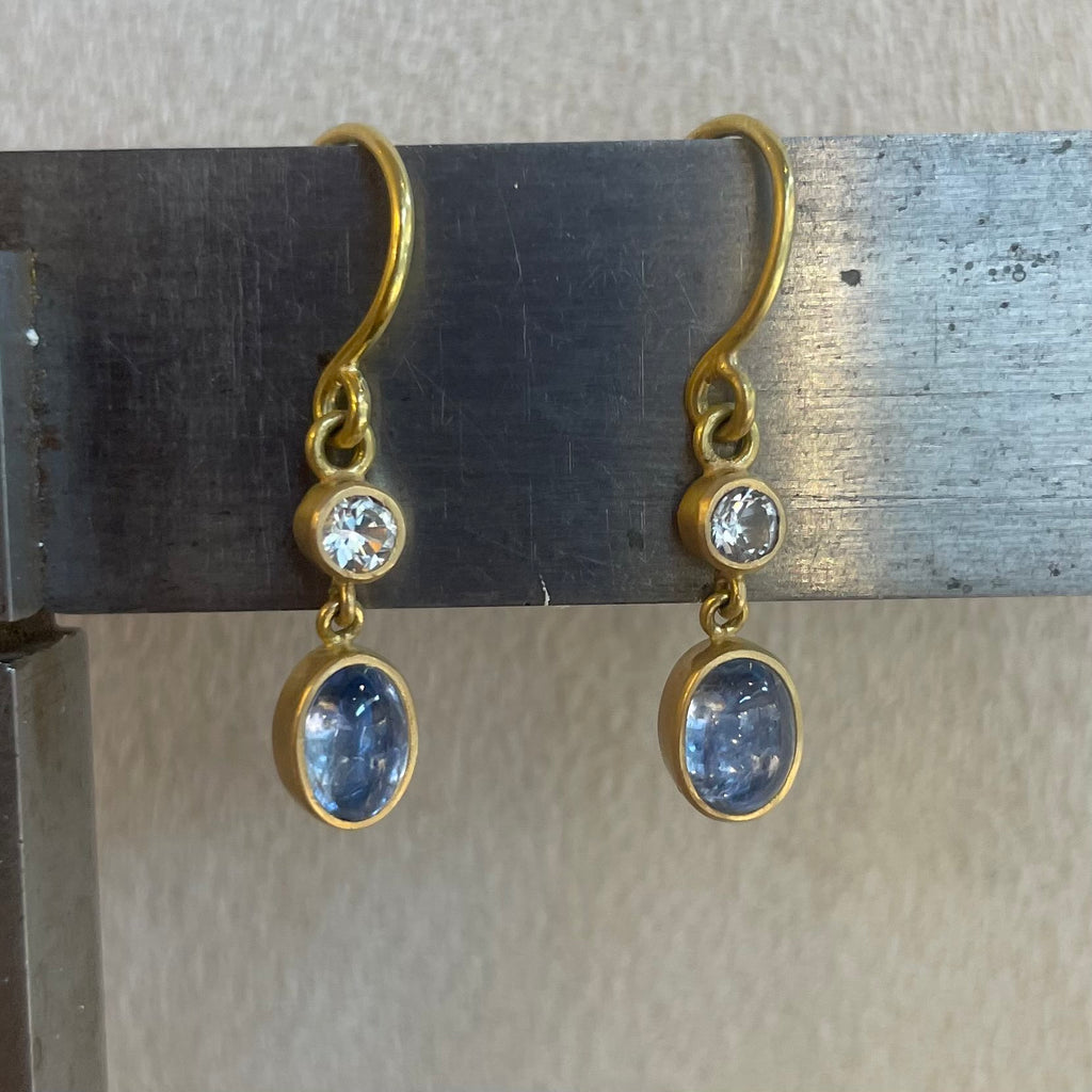 Sedona Two Part White and Blue Sapphire Earrings in 20K Peach Gold Reinstein Ross Goldsmiths