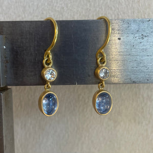 Sedona Two Part White and Blue Cabochon Sapphire Earrings in 20K Peach Gold Reinstein Ross Goldsmiths
