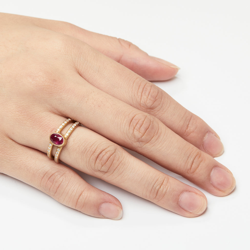Lightdance Oval Ruby and Diamond Ring in 20K Peach Gold Reinstein Ross Goldsmiths