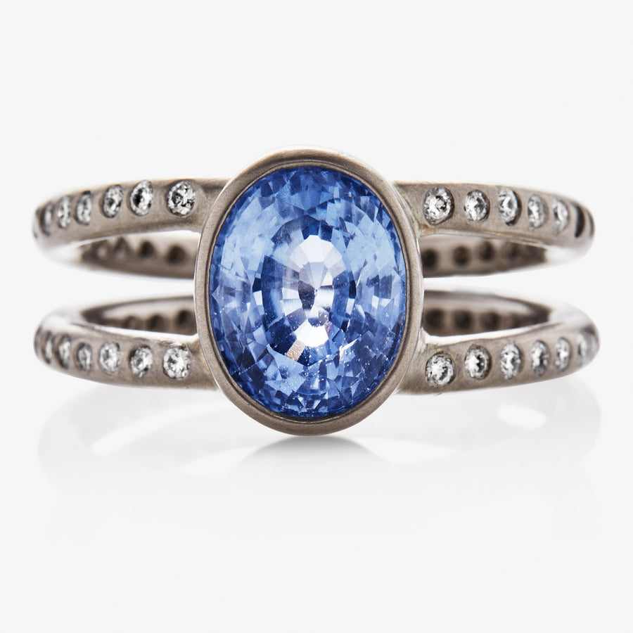 Lightdance Oval Light Blue Sapphire and Diamond Ring in 18K Alpine Gold Reinstein Ross Goldsmiths
